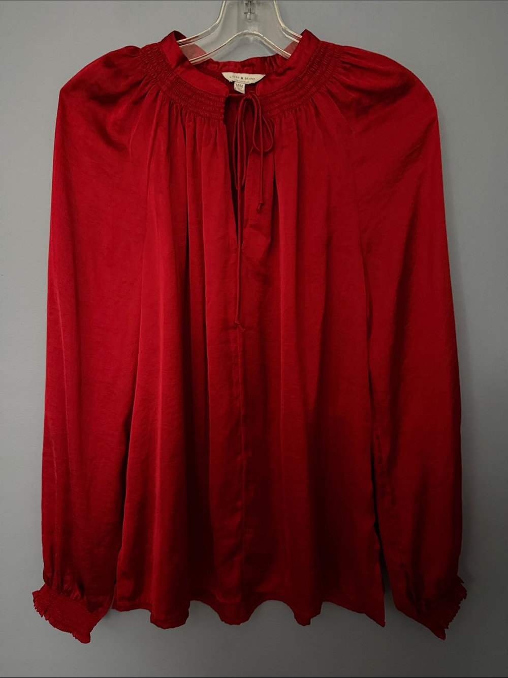 Lucky Brand Peasant Blouse Medium Red Satin Tie Front Smocked Boho